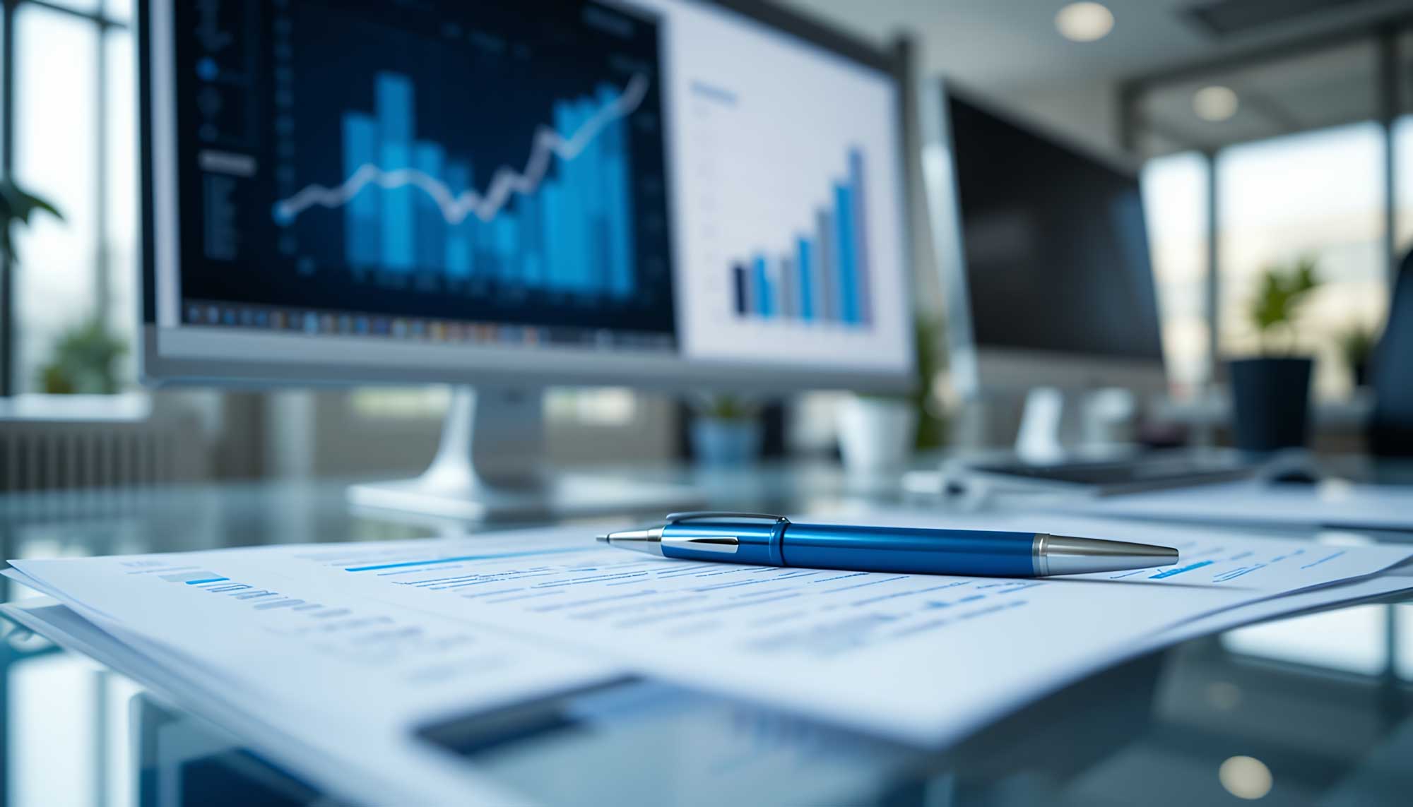 Analyzing financial charts and data reports in modern office setting