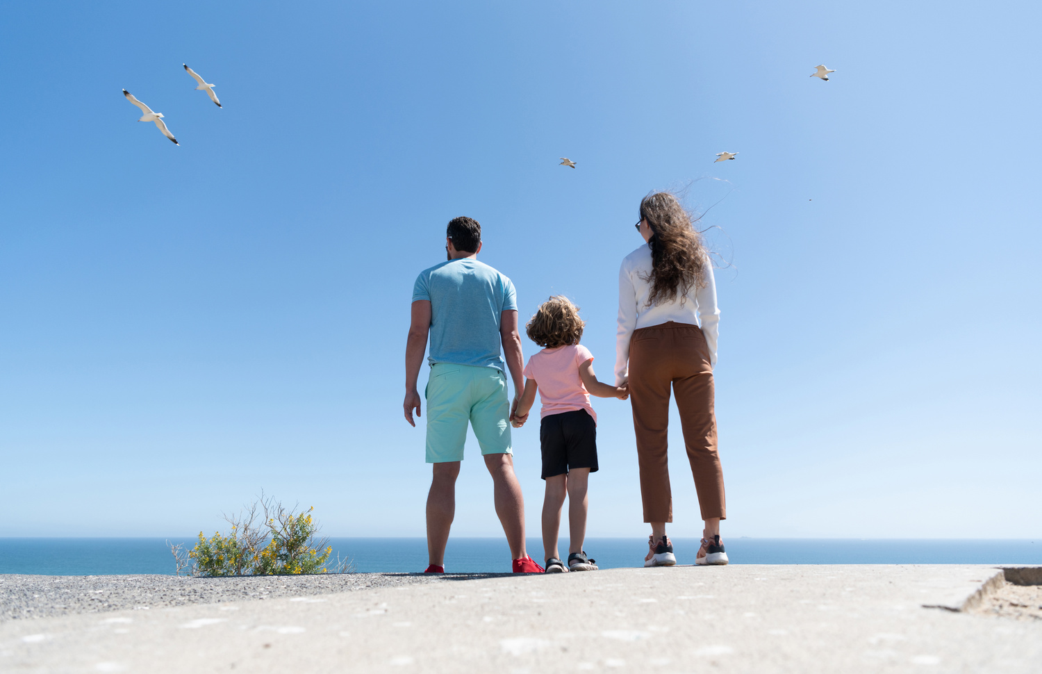 family_of_mother_father_and_boy_looking_in_future_holding_hands_in_summer_back_view